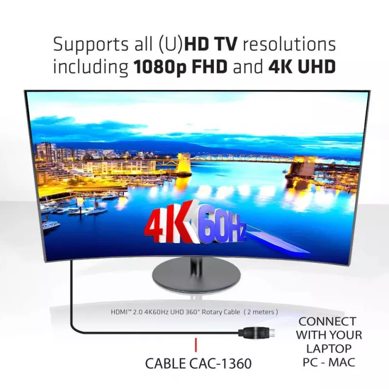 Club 3D CAC-1360 kábel HDMI 2.0 s Ethernetom, otočný o 360°, 4K60Hz UHD, M/M, 2 m, čierny