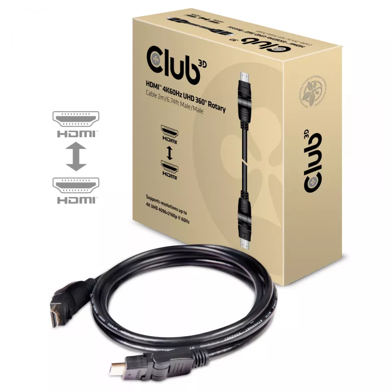 Club 3D CAC-1360 kábel HDMI 2.0 s Ethernetom, otočný o 360°, 4K60Hz UHD, M/M, 2 m, čierny