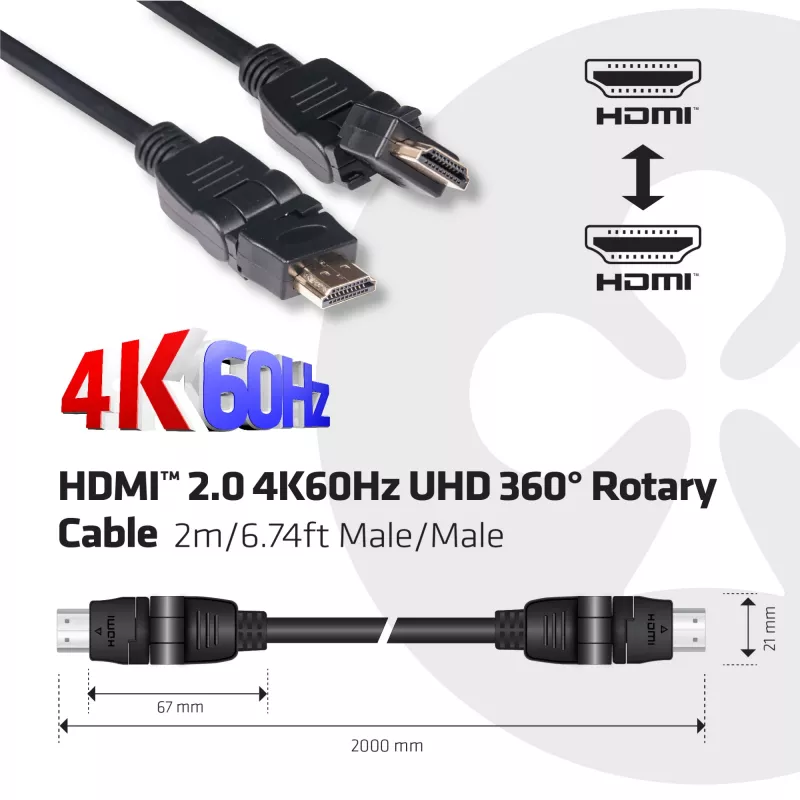Club 3D CAC-1360 kábel HDMI 2.0 s Ethernetom, otočný o 360°, 4K60Hz UHD, M/M, 2 m, čierny