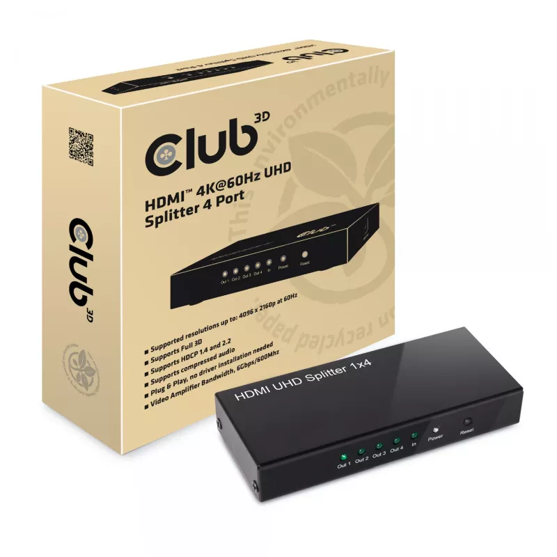 CLUB3D HDMI™ 4K@60Hz UHD rozbočovač AC napájanie 4 porty