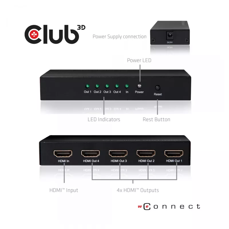 CLUB3D HDMI™ 4K@60Hz UHD rozbočovač AC napájanie 4 porty