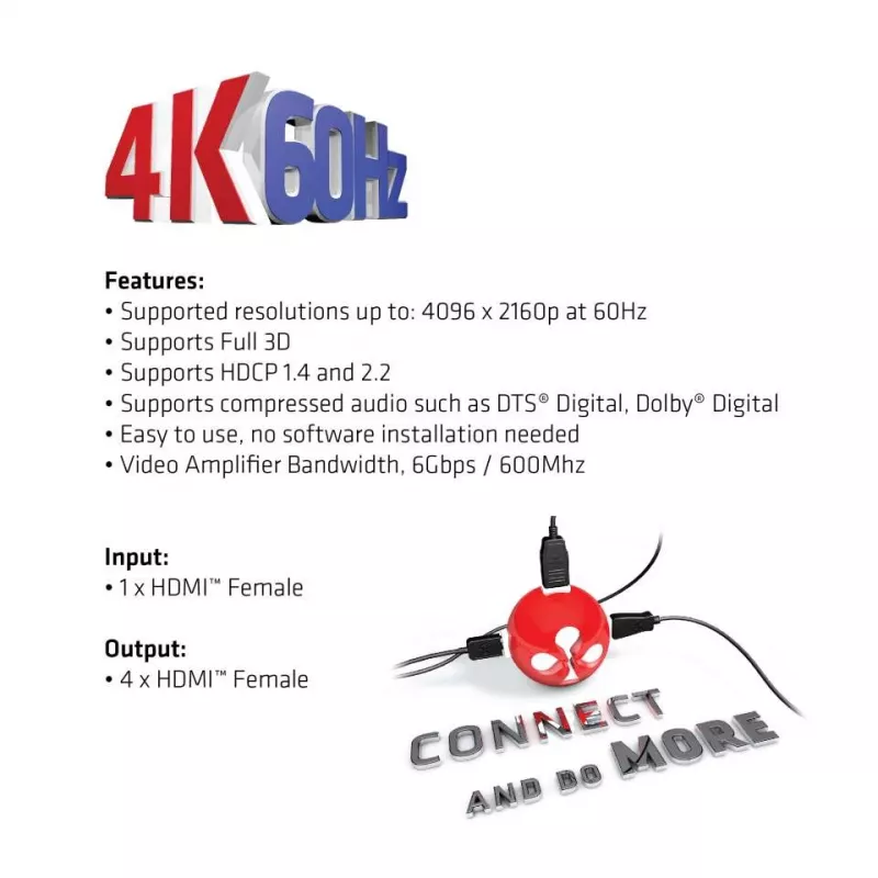 CLUB3D HDMI™ 4K@60Hz UHD rozbočovač AC napájanie 4 porty