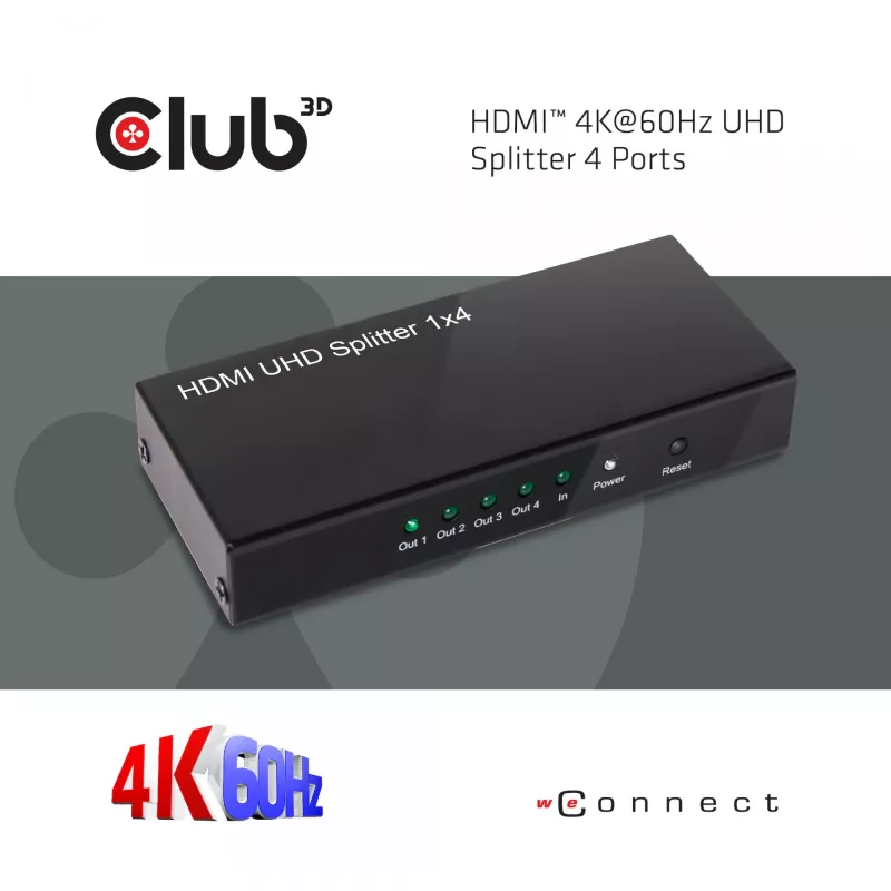 CLUB3D HDMI™ 4K@60Hz UHD rozbočovač AC napájanie 4 porty