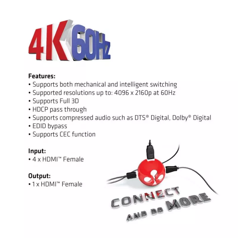 CLUB3D HDMI™ 2.0 UHD 4K60Hz SwitchBox 4 porty s IR diaľkovým ovládačom