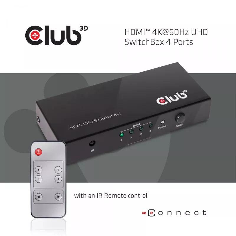 CLUB3D HDMI™ 2.0 UHD 4K60Hz SwitchBox 4 porty s IR diaľkovým ovládačom