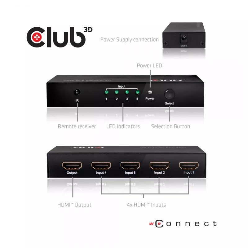 CLUB3D HDMI™ 2.0 UHD 4K60Hz SwitchBox 4 porty s IR diaľkovým ovládačom