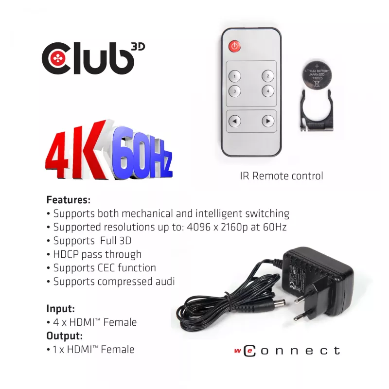 CLUB3D HDMI™ 2.0 UHD 4K60Hz SwitchBox 4 porty s IR diaľkovým ovládačom