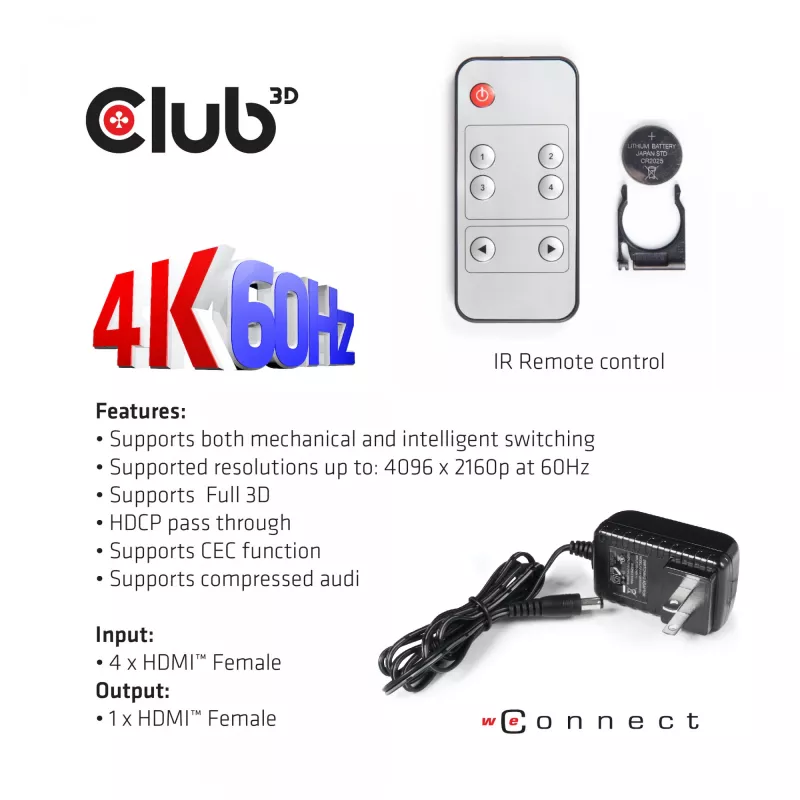 CLUB3D HDMI™ 2.0 UHD 4K60Hz SwitchBox 4 porty s IR diaľkovým ovládačom