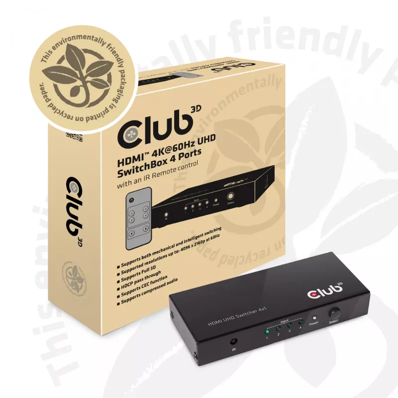 CLUB3D HDMI™ 2.0 UHD 4K60Hz SwitchBox 4 porty s IR diaľkovým ovládačom
