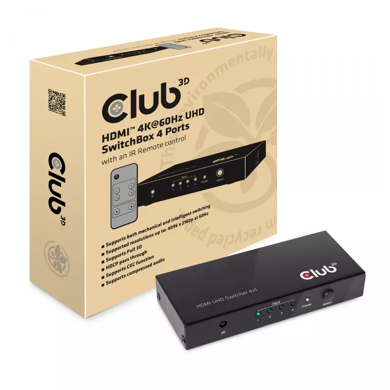 CLUB3D HDMI™ 2.0 UHD 4K60Hz SwitchBox 4 porty s IR diaľkovým ovládačom