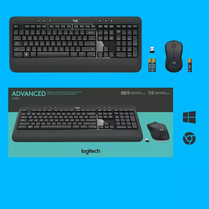 Bezdrôtová sada klávesnice a myši Logitech MK540 Advanced – klávesnica Full-Size QWERTZ, USB prijímač, US rozloženie, ergonomická myš, čierna/biela