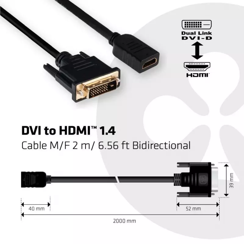 Club 3D CAC-1211 kábel DVI-D na HDMI 1.4, Dual Link, M/F, 2 m, čierny
