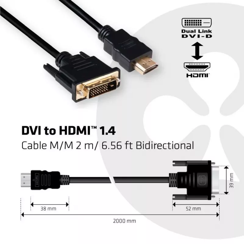 Club 3D CAC-1210 kábel DVI-D na HDMI 1.4, Dual Link, obojsmerný, 4K, M/M, 2 m, čierny
