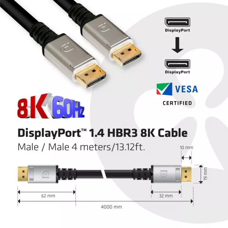 Club 3D CAC-1069 kábel DisplayPort 1.4 HBR3 8K 60 Hz, 32,4 Gb/s, DSC, HDR, certifikácia VESA, M/M, 4 m, čierny