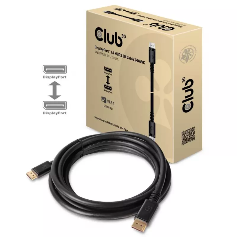Club 3D CAC-1069B kábel DisplayPort 1.4 HBR3 8K 60 Hz, 32,4 Gb/s, DSC 1.2, certifikácia VESA, M/M, 4 m, čierny