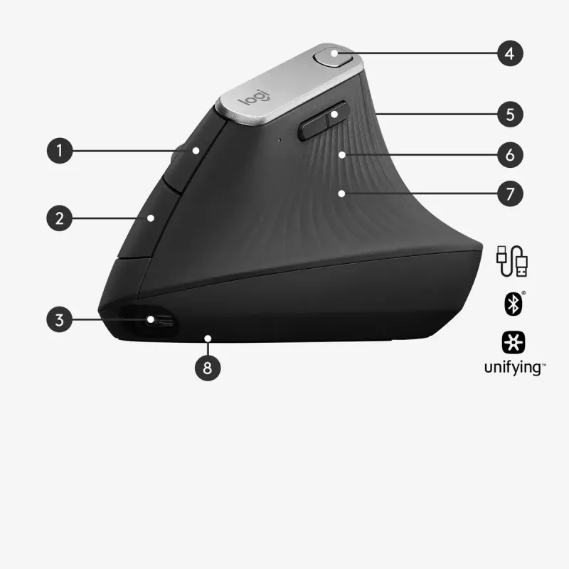 Ergonomická bezdrôtová myš Logitech MX Vertical, MX Vertical, 4000 DPI, RF Wireless + Bluetooth, pre pravákov, grafitová, na kancelárske použitie