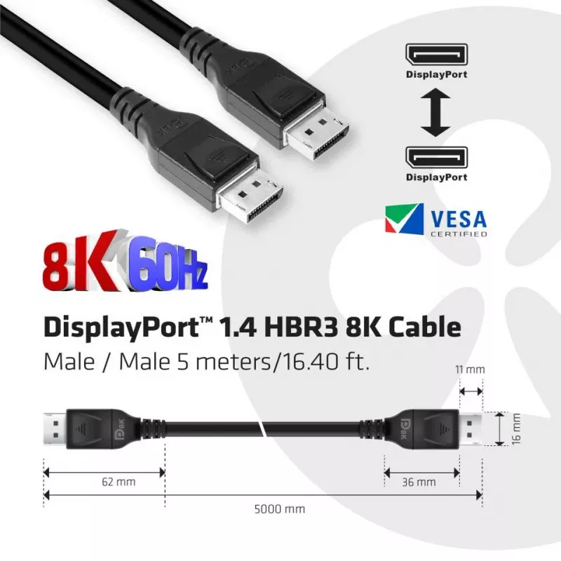 Club 3D CAC-1061 kábel DisplayPort 1.4 HBR3 8K 60 Hz, 32,4 Gb/s, DSC 1.2, certifikácia VESA, so zámkom, M/M, 5 m, čierny