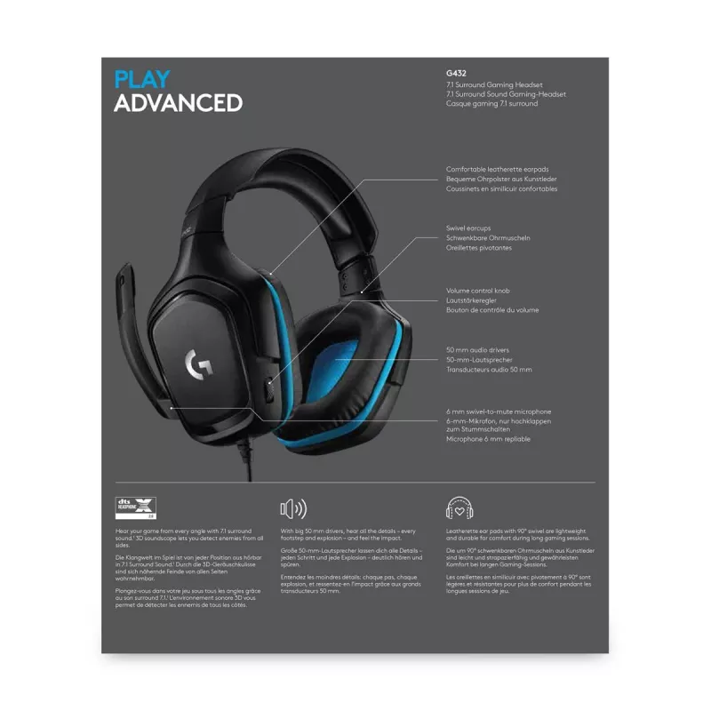 LOGITECH G432 - USB / 3.5mm - herný headset - 7.1 Surround - modrý