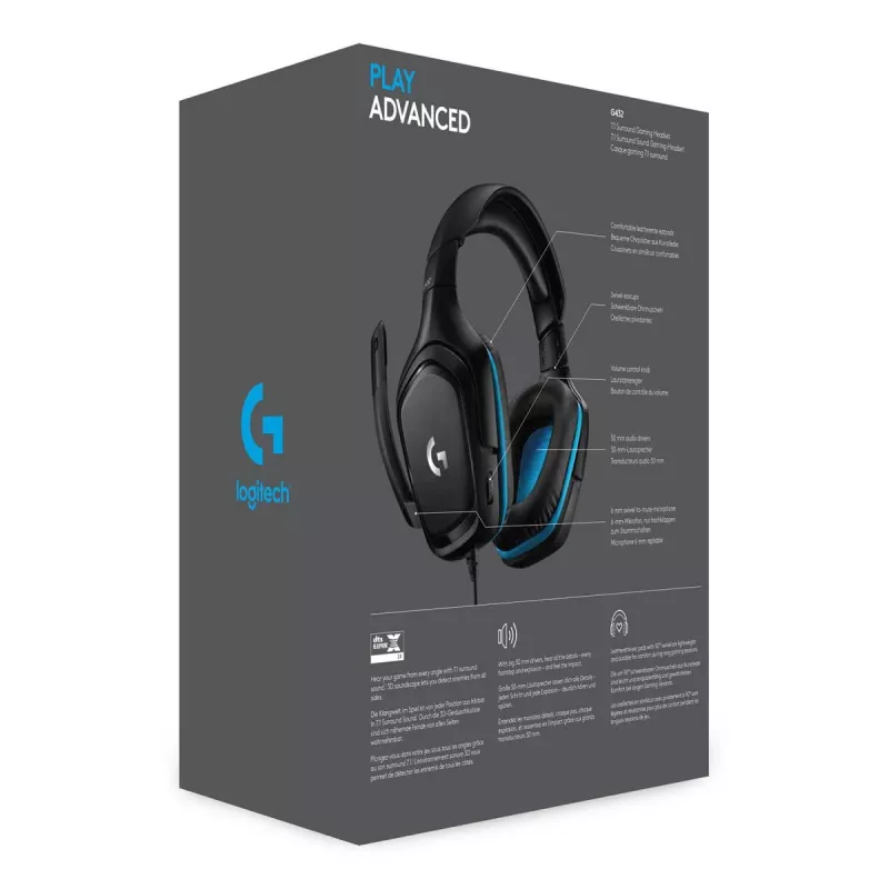 LOGITECH G432 - USB / 3.5mm - herný headset - 7.1 Surround - modrý