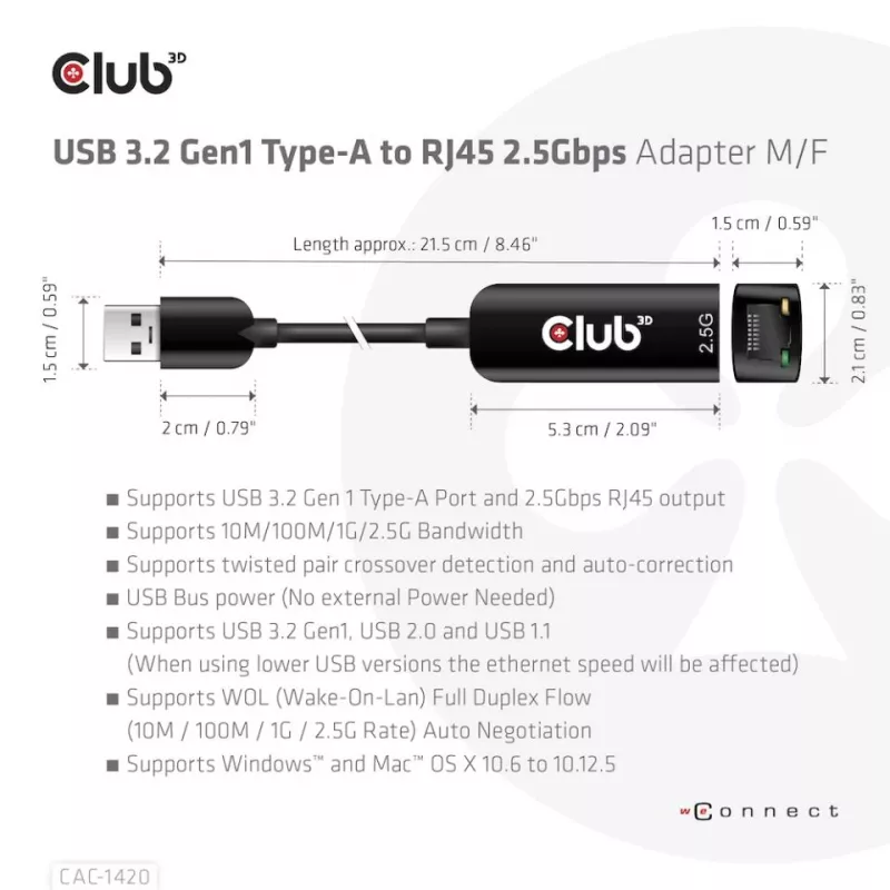 CLUB3D USB 3.2 Gen1 Type-A na RJ45 2.5Gbps adaptér