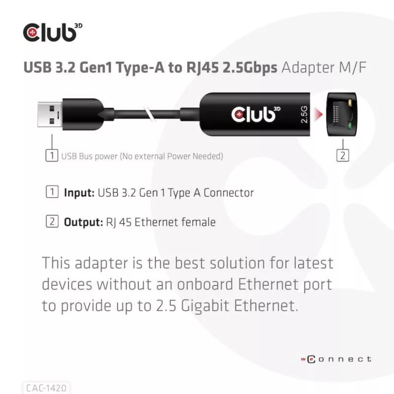 CLUB3D USB 3.2 Gen1 Type-A na RJ45 2.5Gbps adaptér