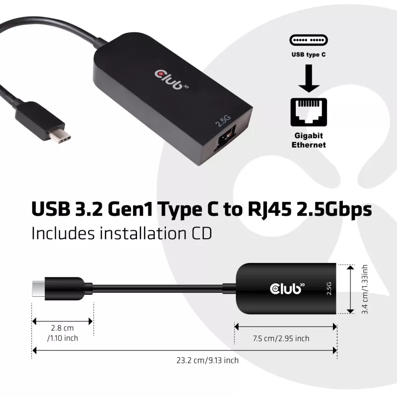 CLUB3D USB 3.2 Gen1 Type-C na RJ45 2.5Gbps adaptér
