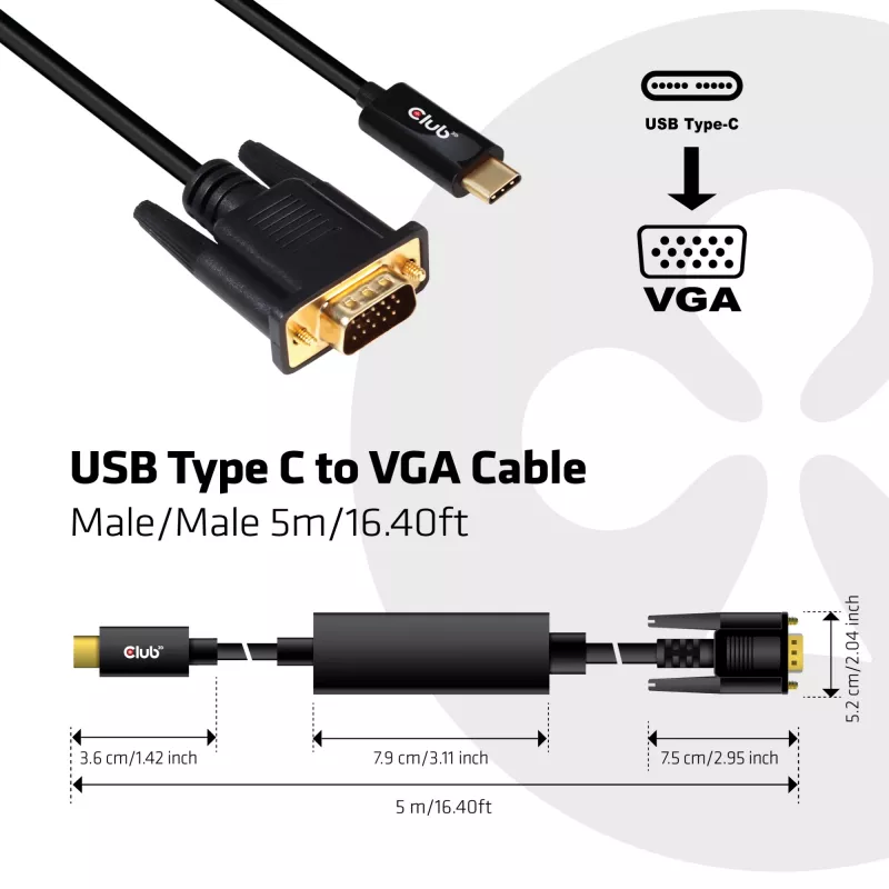 USB Type-C na VGA aktívny kábel M/M CLUB3D CAC-1512 5m