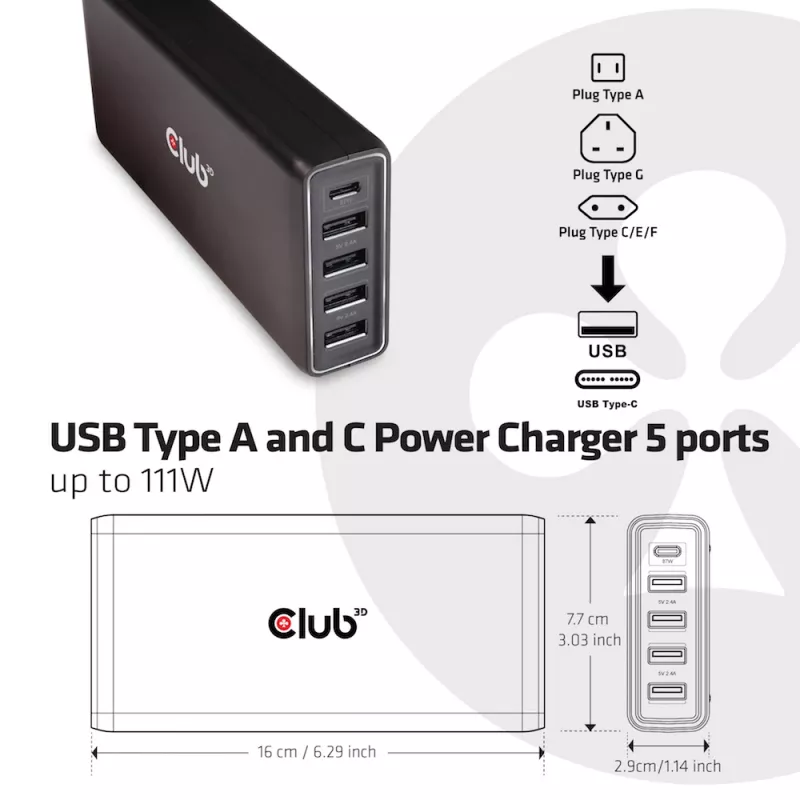 CLUB3D USB Type A a C nabíjačka, 5 portov až do 111 W