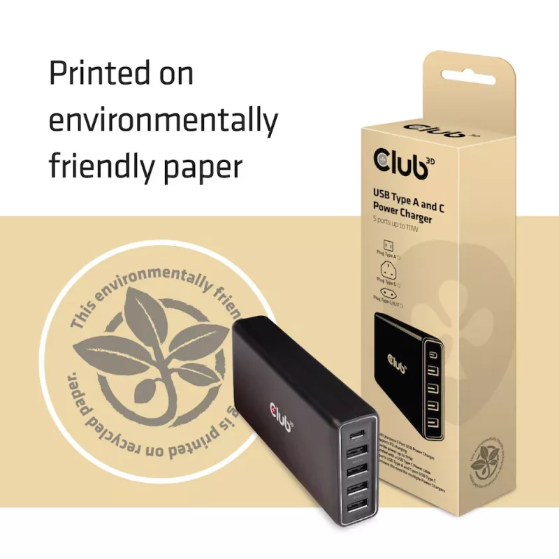 CLUB3D USB Type A a C nabíjačka, 5 portov až do 111 W