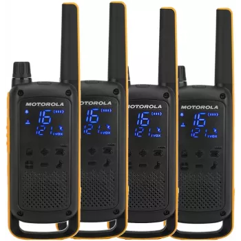 Dvojcestná vysielačka Motorola Talkabout T82 Extreme Quad Pack — 4× PMR ručné zariadenia, 16 kanálov, IPX4, 500 mW, NiMH nabíjateľné, Micro-USB