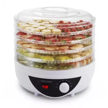 Sušička potravín ESPERANZA EKD002 – 5 zásuviek, 250 W, nastaviteľný termostat, maximálna teplota 75 °C, priesvitná biela