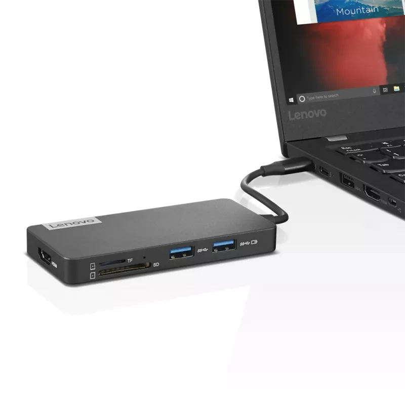 Lenovo GX90T77924 dokovacia stanica — USB-C hub s HDMI 1.4, 2×USB-A 3.2 Gen1, USB‑2.0, čítačka microSD kariet, sivá