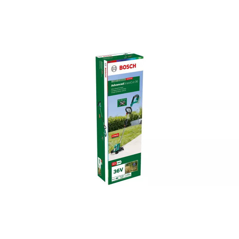 Bosch AdvancedGrassCut 36 akumulátorový vyžínač trávy, 36 V, 30 cm, nylónová struna, teleskopická tyč, nastaviteľná prídavná rukoväť, 2,9 kg, bez akumulátora a nabíjačky, zeleno-čierny