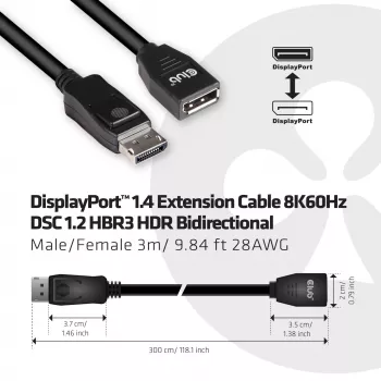 Club 3D CAC-1023 predlžovací kábel DisplayPort 1.4, samec/samica, 8K, 3 m, čierny