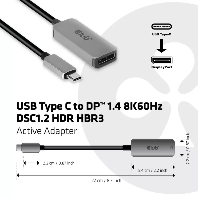 CLUB3D USB Type C na DisplayPort 1.4 8K60Hz HBR3 aktívny adaptér
