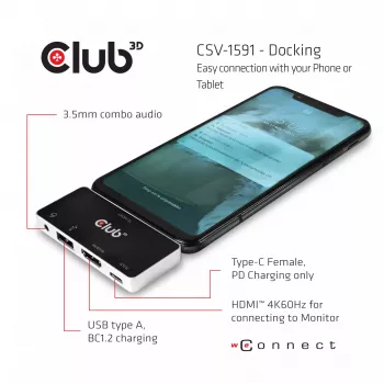 CLUB3D USB Type C 4-in-1 hub na HDMI™ 4K60Hz USB Type C PD / USB Type A / audio konektor