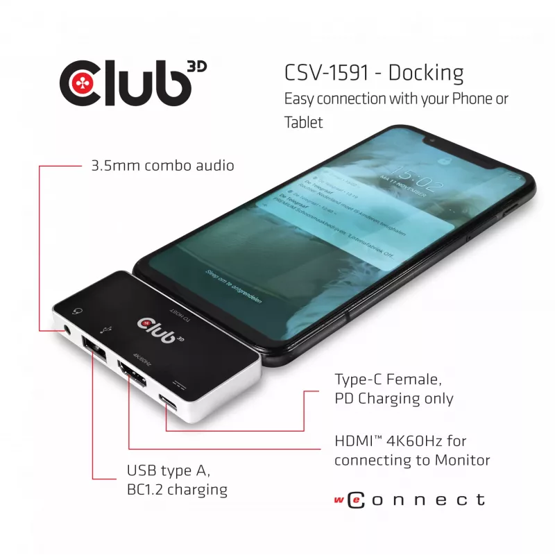 CLUB3D USB Type C 4-in-1 hub na HDMI™ 4K60Hz USB Type C PD / USB Type A / audio konektor