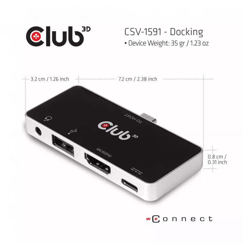 CLUB3D USB Type C 4-in-1 hub na HDMI™ 4K60Hz USB Type C PD / USB Type A / audio konektor