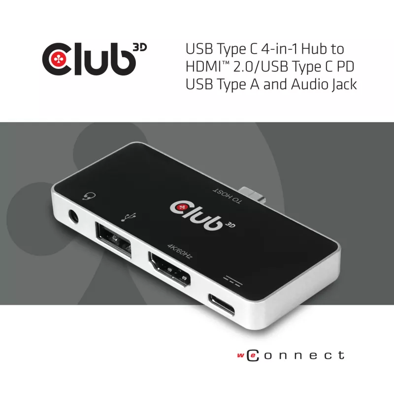 CLUB3D USB Type C 4-in-1 hub na HDMI™ 4K60Hz USB Type C PD / USB Type A / audio konektor