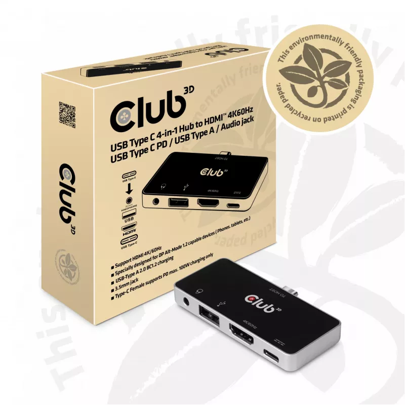 CLUB3D USB Type C 4-in-1 hub na HDMI™ 4K60Hz USB Type C PD / USB Type A / audio konektor