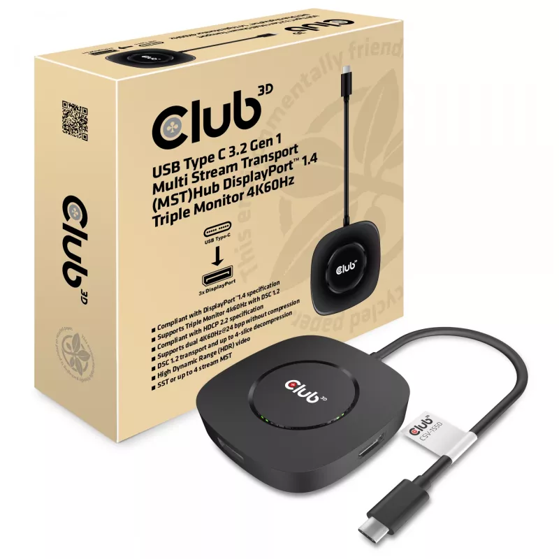 CLUB3D USB Type C 3.2 Gen 1 Multi Stream Transport (MST) hub DisplayPort 1.4 trojmonitorový