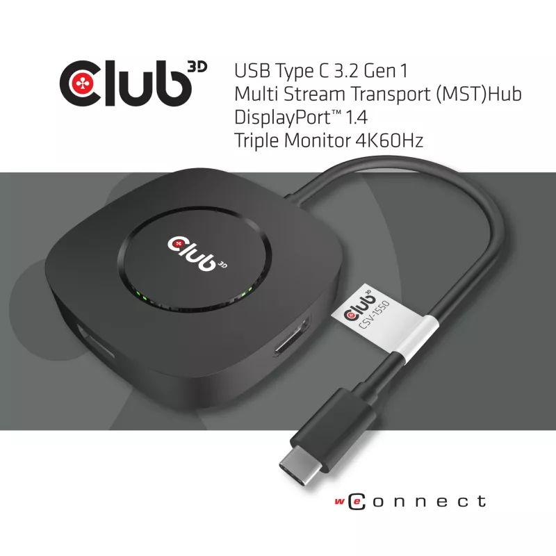 CLUB3D USB Type C 3.2 Gen 1 Multi Stream Transport (MST) hub DisplayPort 1.4 trojmonitorový
