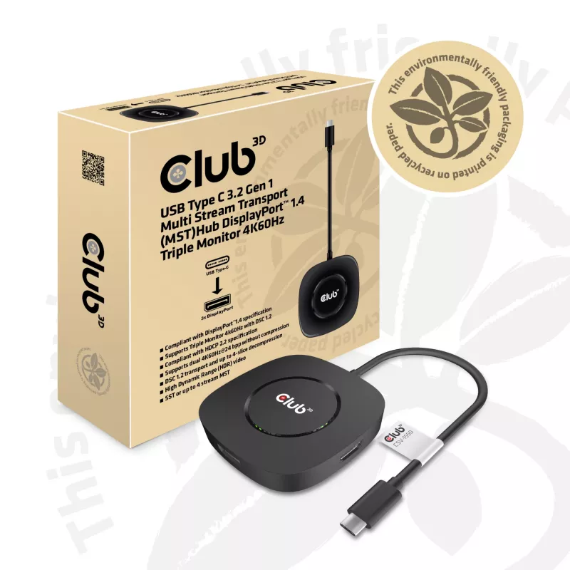 CLUB3D USB Type C 3.2 Gen 1 Multi Stream Transport (MST) hub DisplayPort 1.4 trojmonitorový