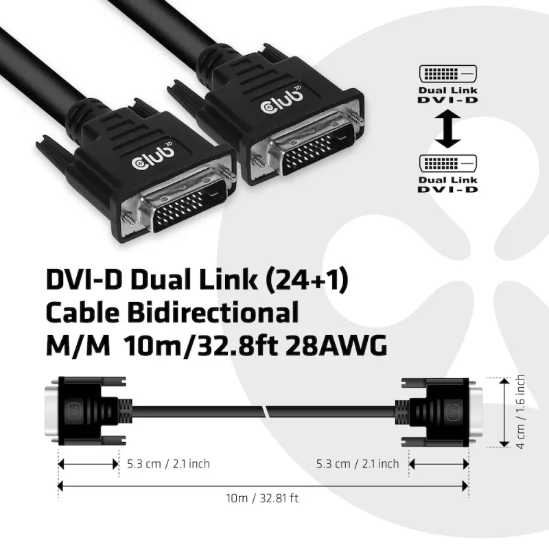 Club 3D CAC-1220 DVI-D Dual Link (24+1) kábel M/M, obojsmerný, 28AWG, pozlátené kontakty, 10 m (32,8 ft), čierny