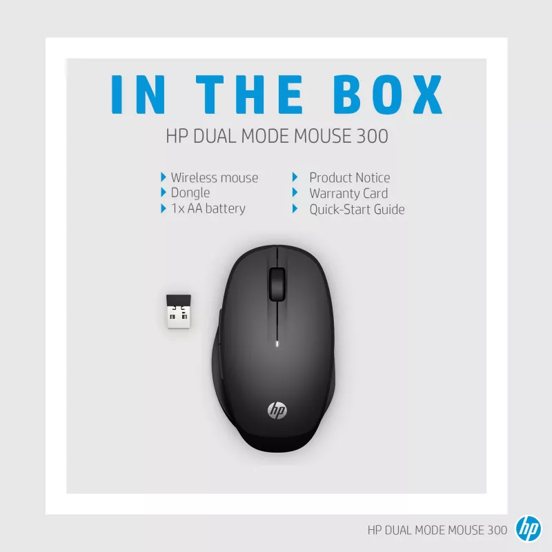 HP Dual Mode Black myš 300, pre pravákov, optická, RF Wireless, 3600 DPI, čierna