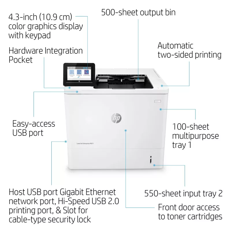 HP LaserJet Enterprise M611dn, laser, 1200 x 1200 DPI, A4, 61 str./min, obojstranná tlač, sieťová