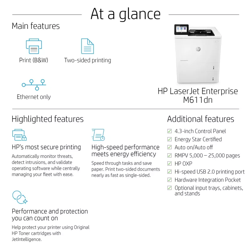 HP LaserJet Enterprise M611dn, laser, 1200 x 1200 DPI, A4, 61 str./min, obojstranná tlač, sieťová