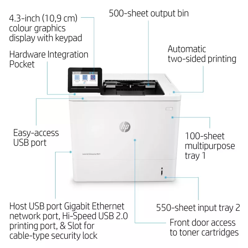 HP LaserJet Enterprise M611dn, laser, 1200 x 1200 DPI, A4, 61 str./min, obojstranná tlač, sieťová
