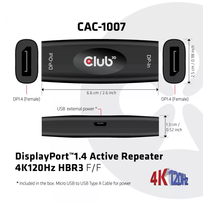 DisplayPort aktívny repeater CLUB3D CAC-1007 4K120Hz HBR3