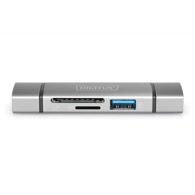 DIGITUS Combo Card Reader Hub (USB-C+USB 3.0) 1x SD, 1x MicroSD, 1x USB 3.0, sivý